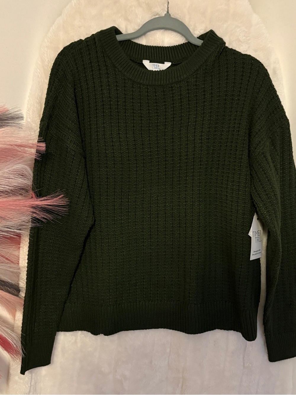Time and Tru Olive Green Cable Knit Crewneck Sweater